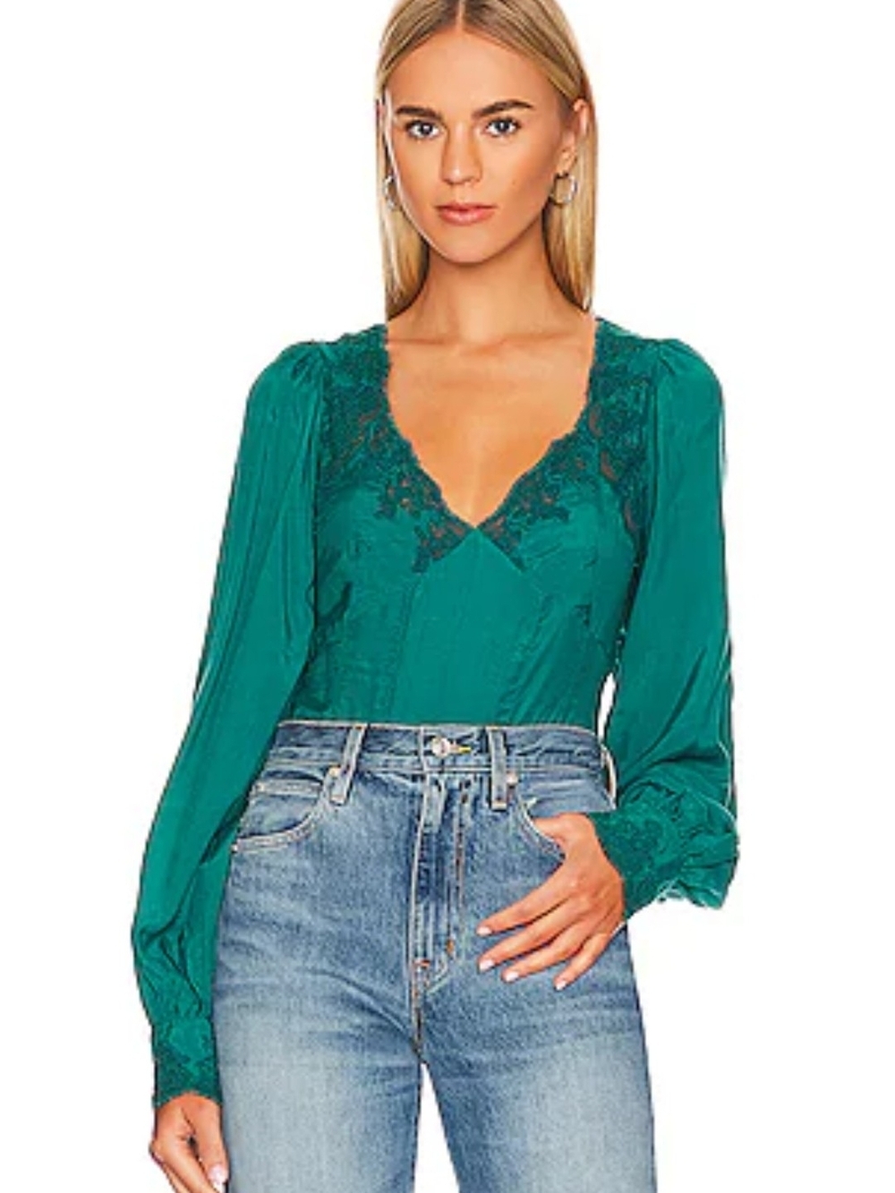 Free People Emerald Lace-Trim V-Neck Blouse